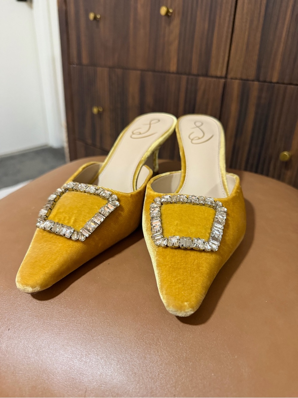 Sam Edelman Mustard Yellow Velvet Jewel Buckle Mules